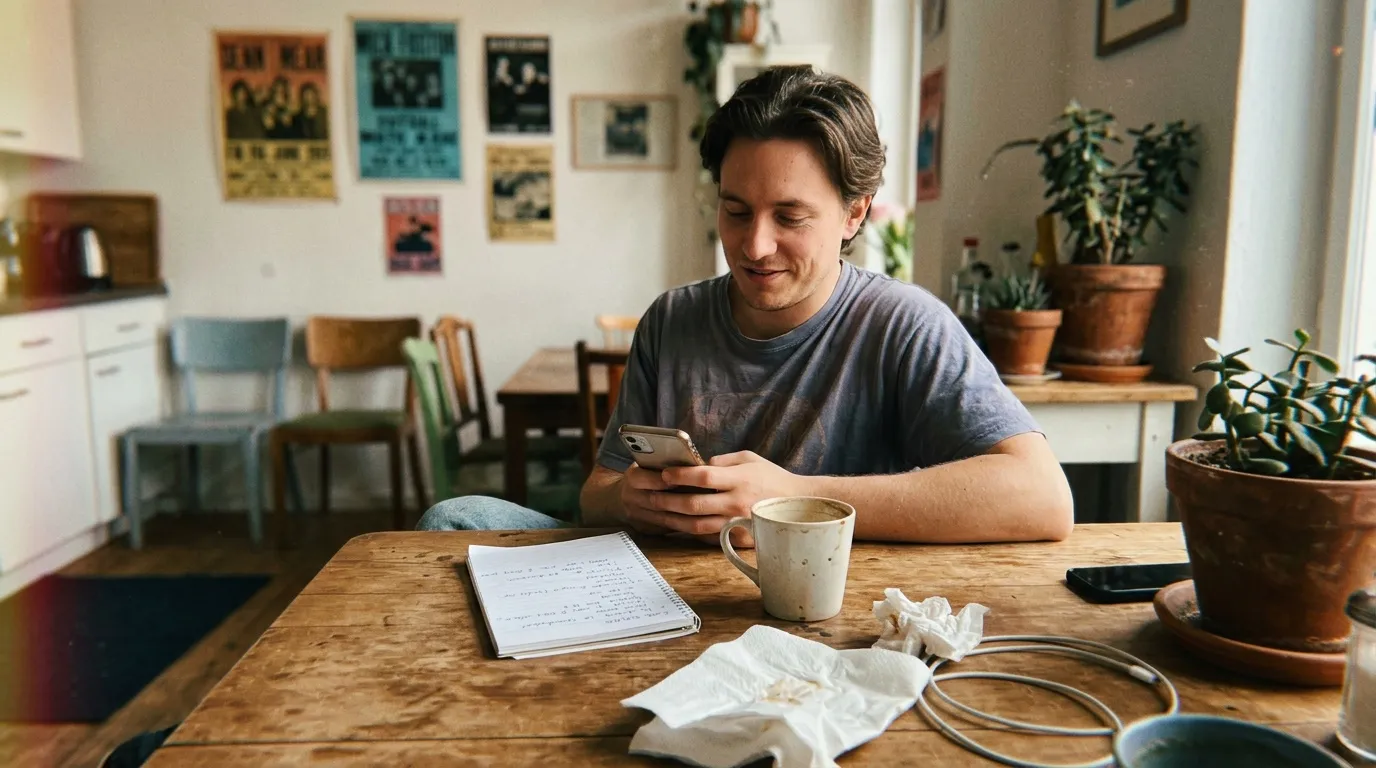 Homme assis à table regardant son téléphone, environnement de travail à domicile