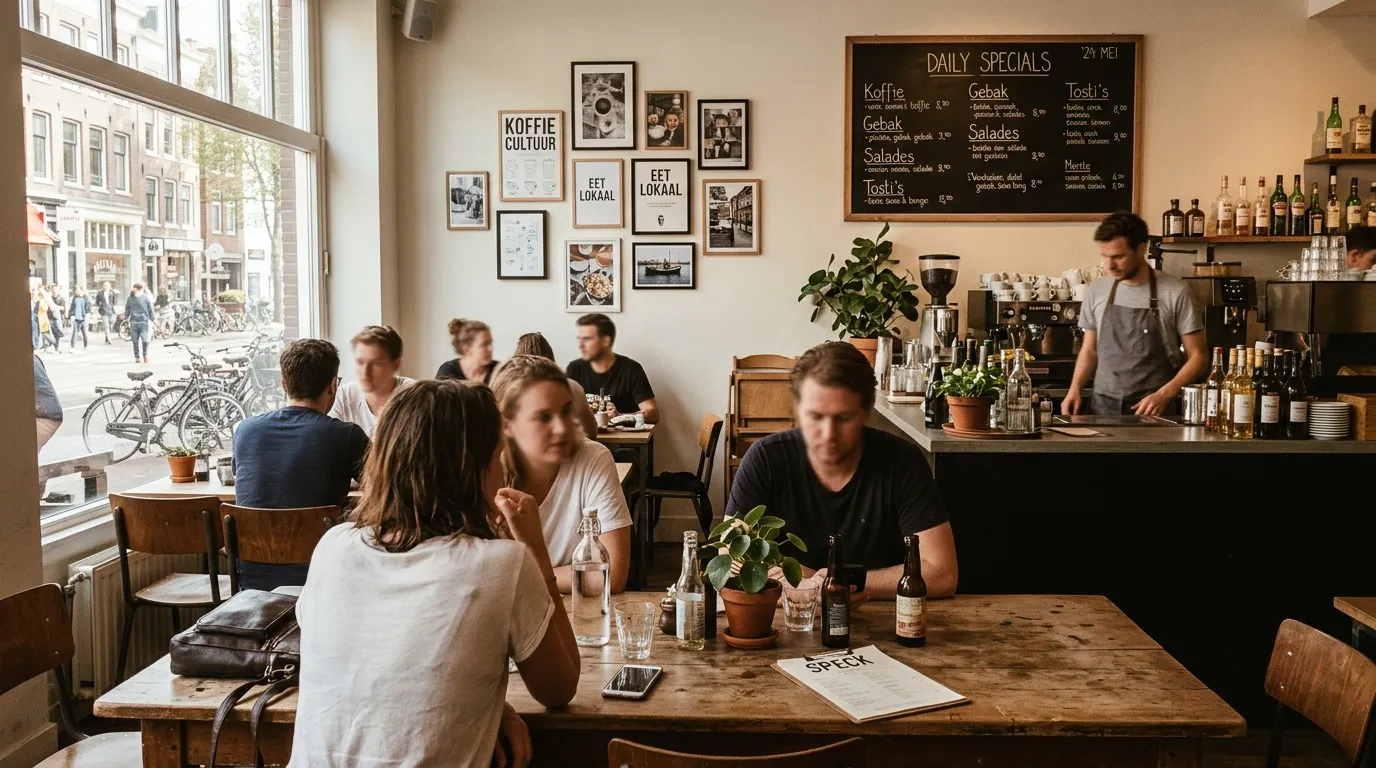 Clients assis à des tables en bois dans un café moderne et lumineux