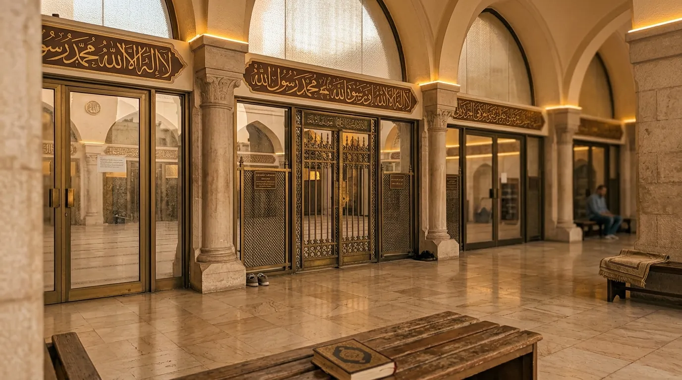 Galerie de mosquée avec colonnes, portes ornées et calligraphie arabe