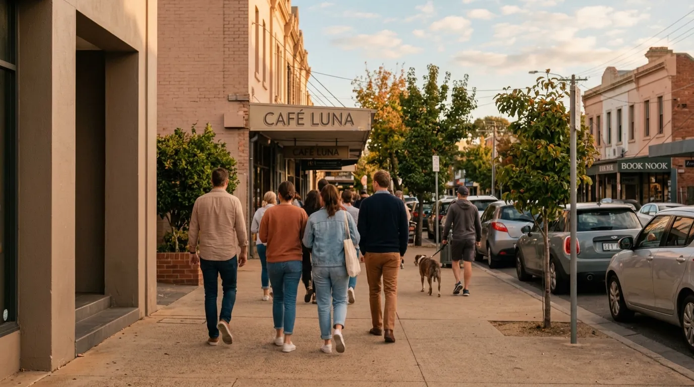 Groupe de personnes marchant sur un trottoir devant Café Luna