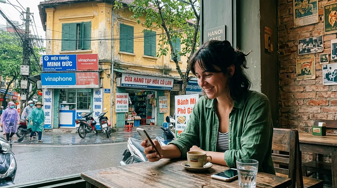 Femme souriante travaillant au café Hanoi, rue vietnamienne