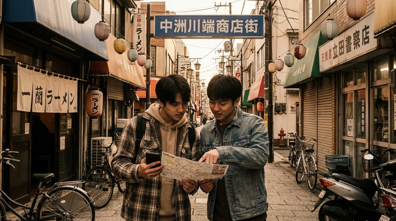 Deux hommes consultent une carte dans une ruelle marchande asiatique