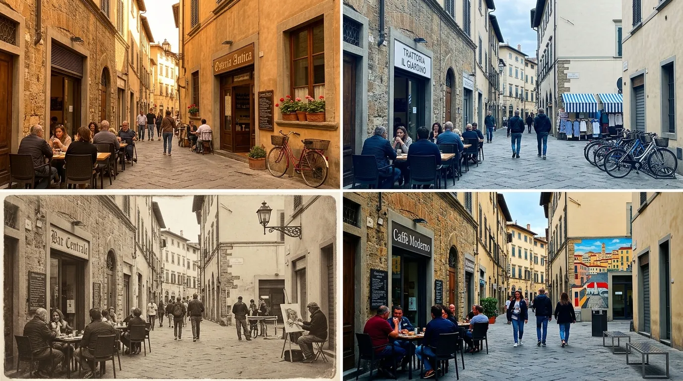 Quatre scènes de rues piétonnes italiennes avec terrasses de cafés