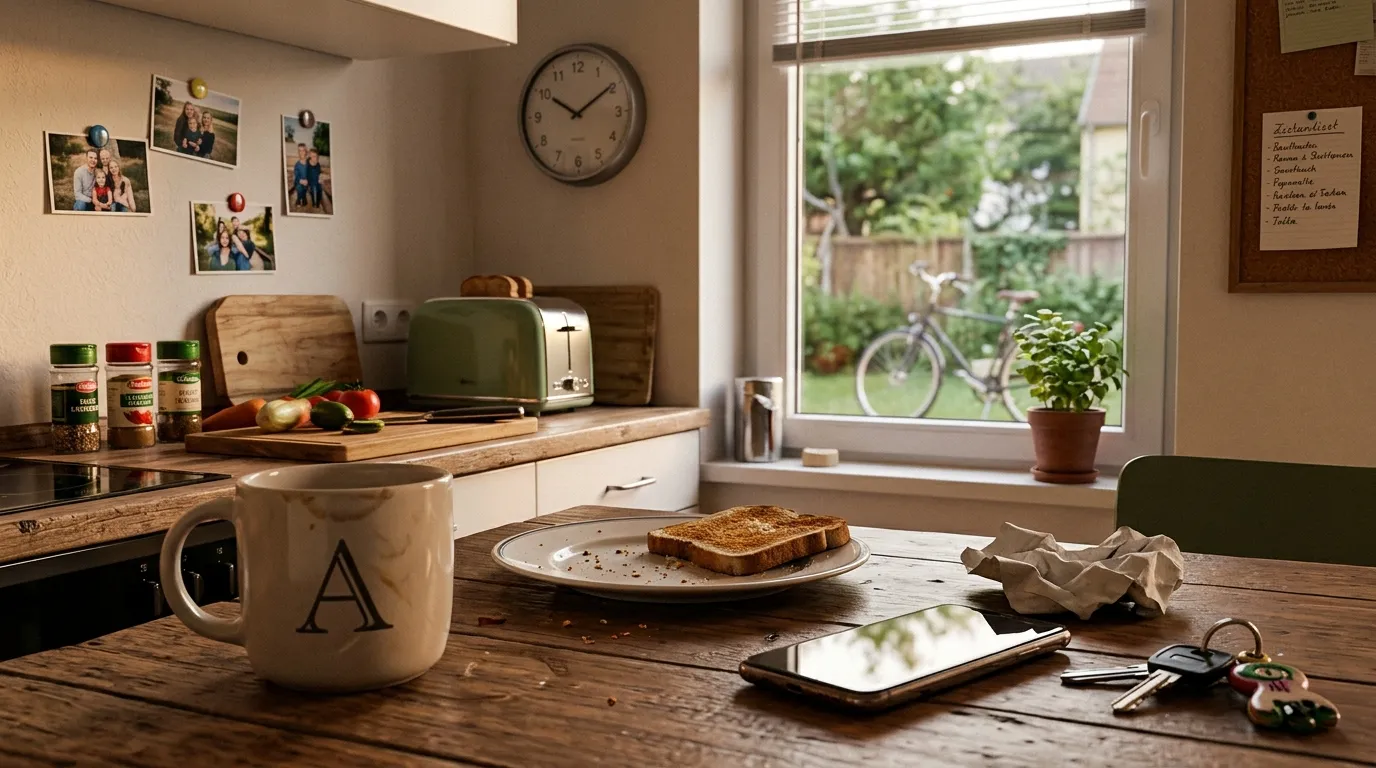 Cuisine chaleureuse avec café, toast et téléphone sur table en bois