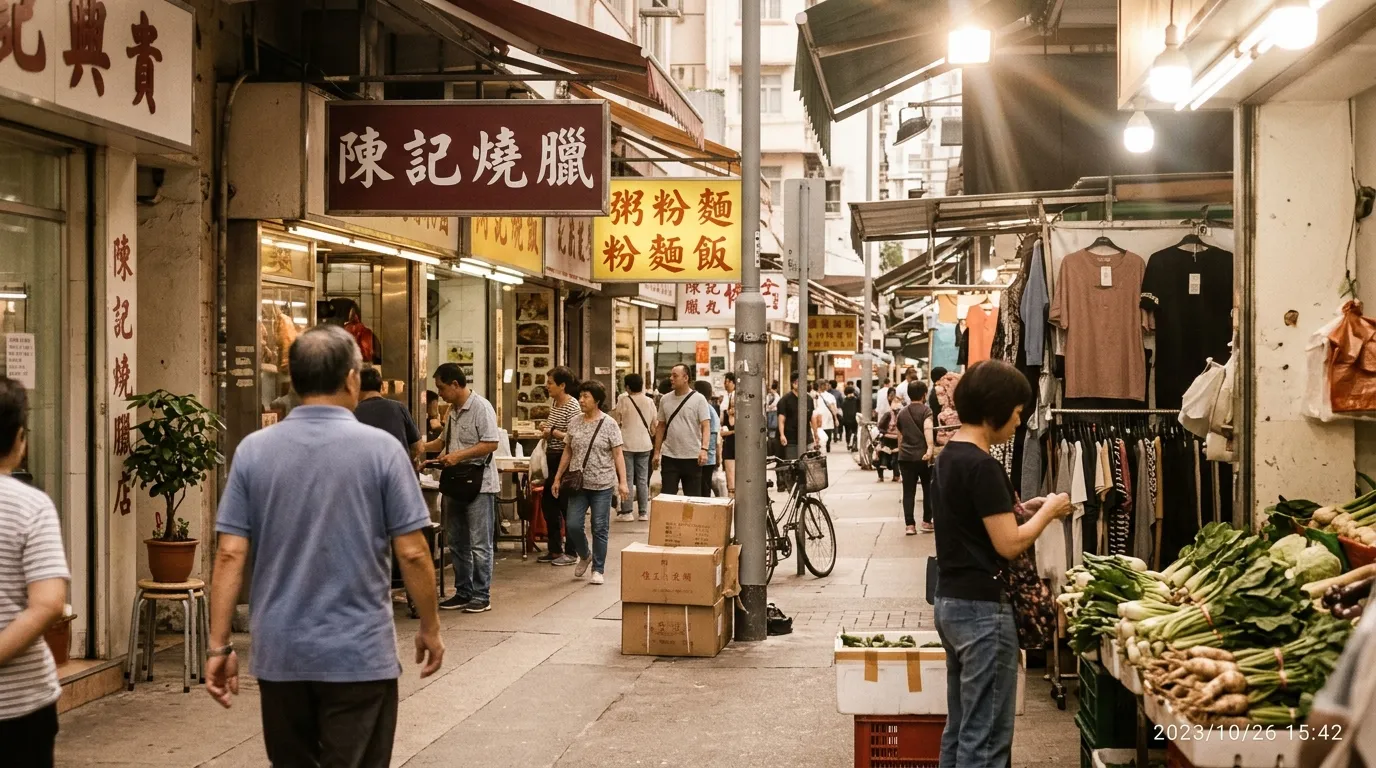 Rue commerçante asiatique avec boutiques, clients et étalages de légumes