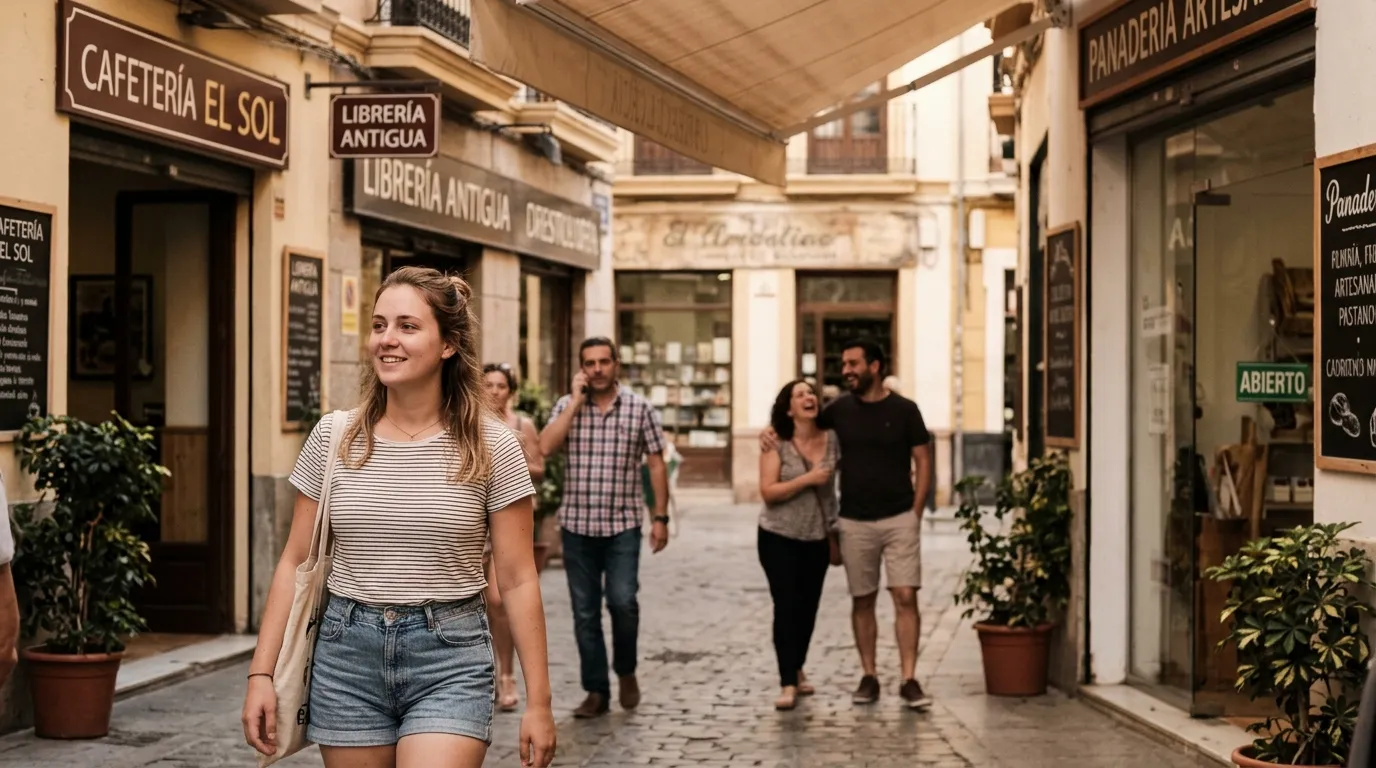 Jeune femme souriante marche dans une rue pavée avec des boutiques
