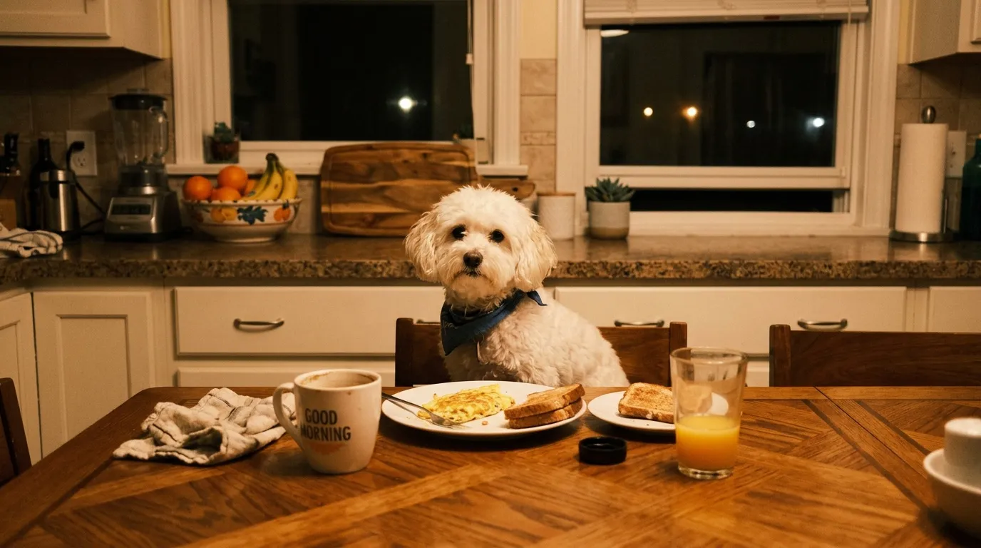 Chien blanc assis à table avec petit-déjeuner