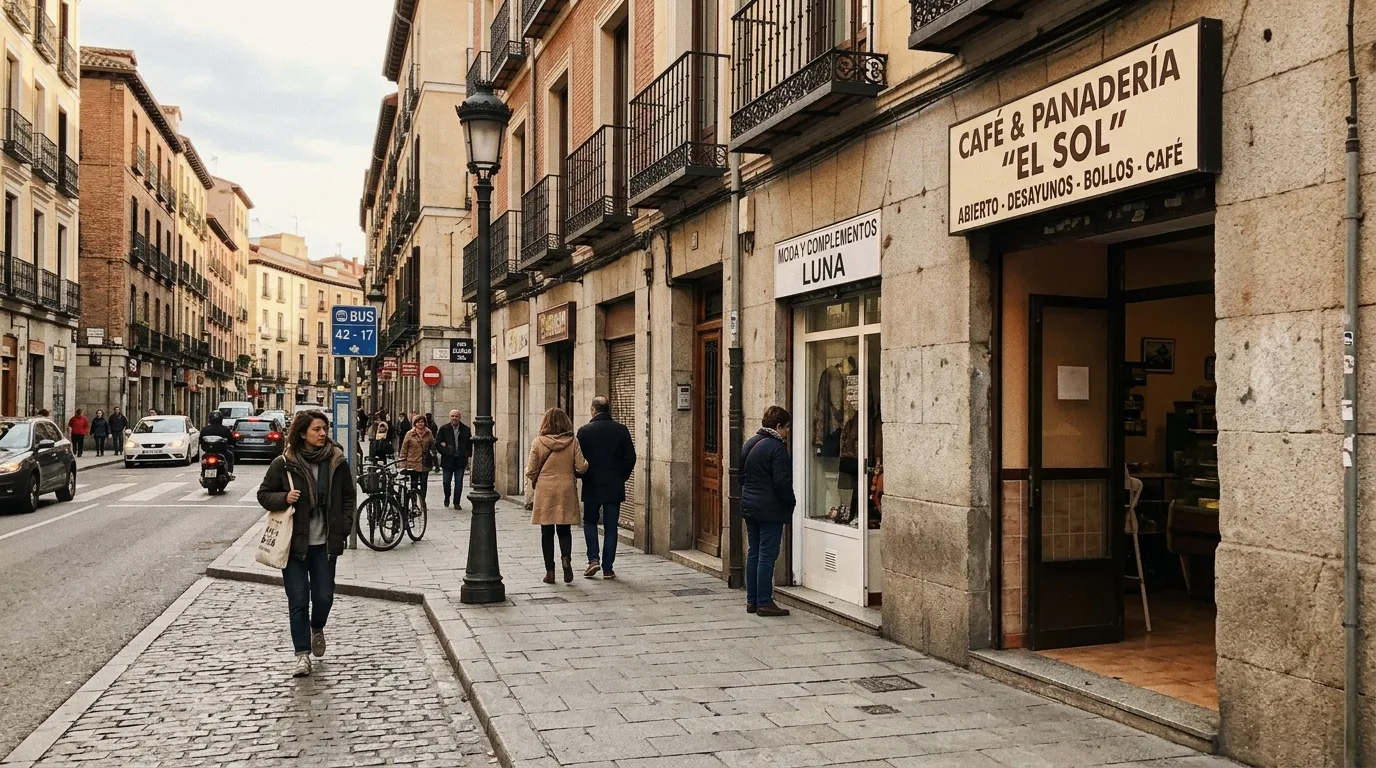 Rue pavée avec cafés, piétons et bâtiments historiques
