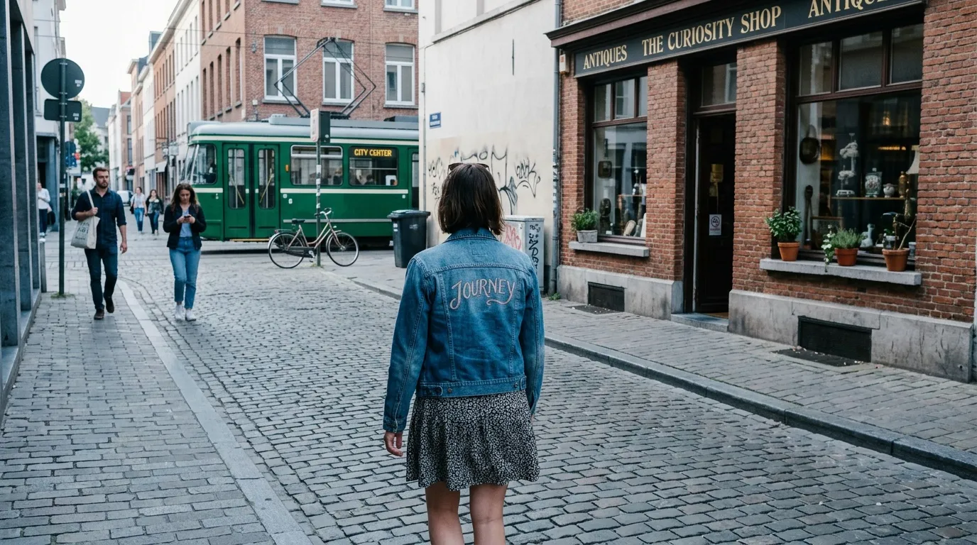 Femme en veste jean marchant dans une rue pavée européenne
