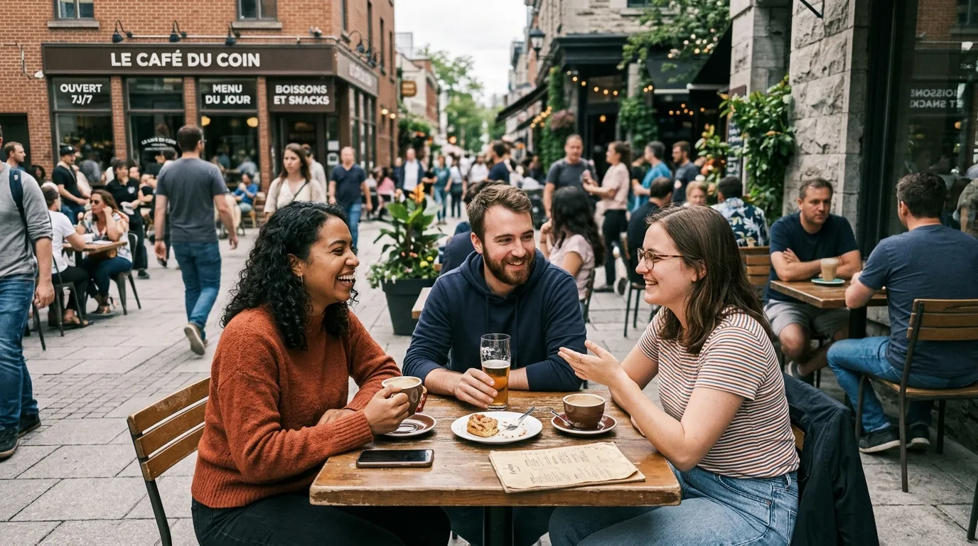 Trois amis discutent autour d'une table en terrasse.
