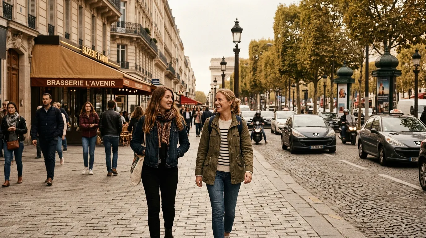Deux femmes marchent souriantes dans une rue parisienne animée