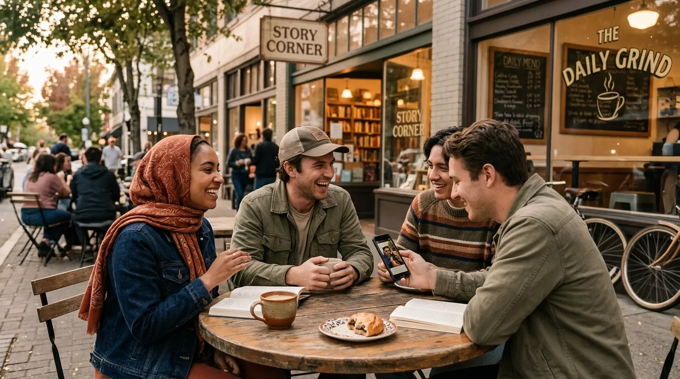 Quatre jeunes gens souriant à une table de café en terrasse urbaine