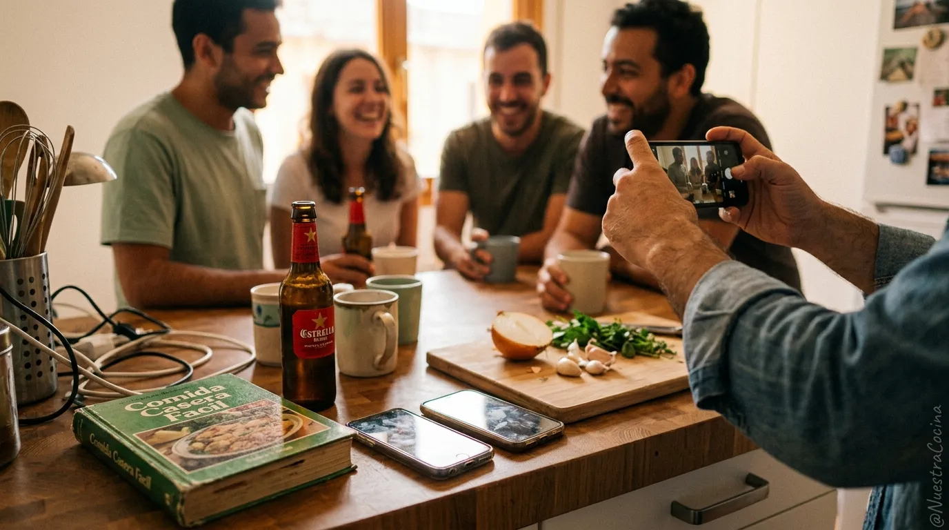 Groupe d'amis autour d'une table, quelqu'un prend une photo.