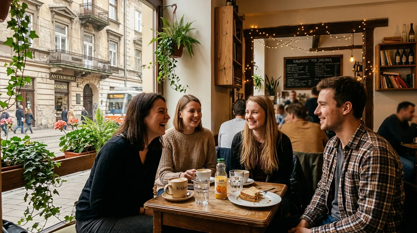 Quatre amis discutent autour d'un café en terrasse couverte.