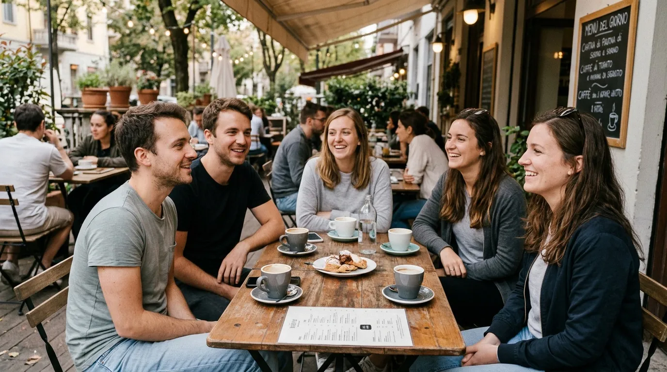 Groupe de six personnes souriantes autour d'une table en bois