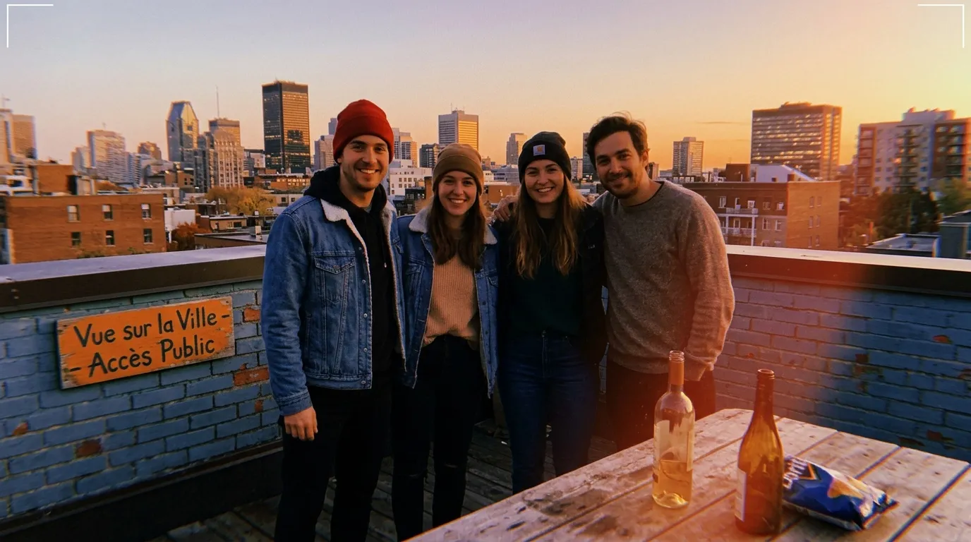 Quatre amis souriant sur un toit avec vue sur skyline