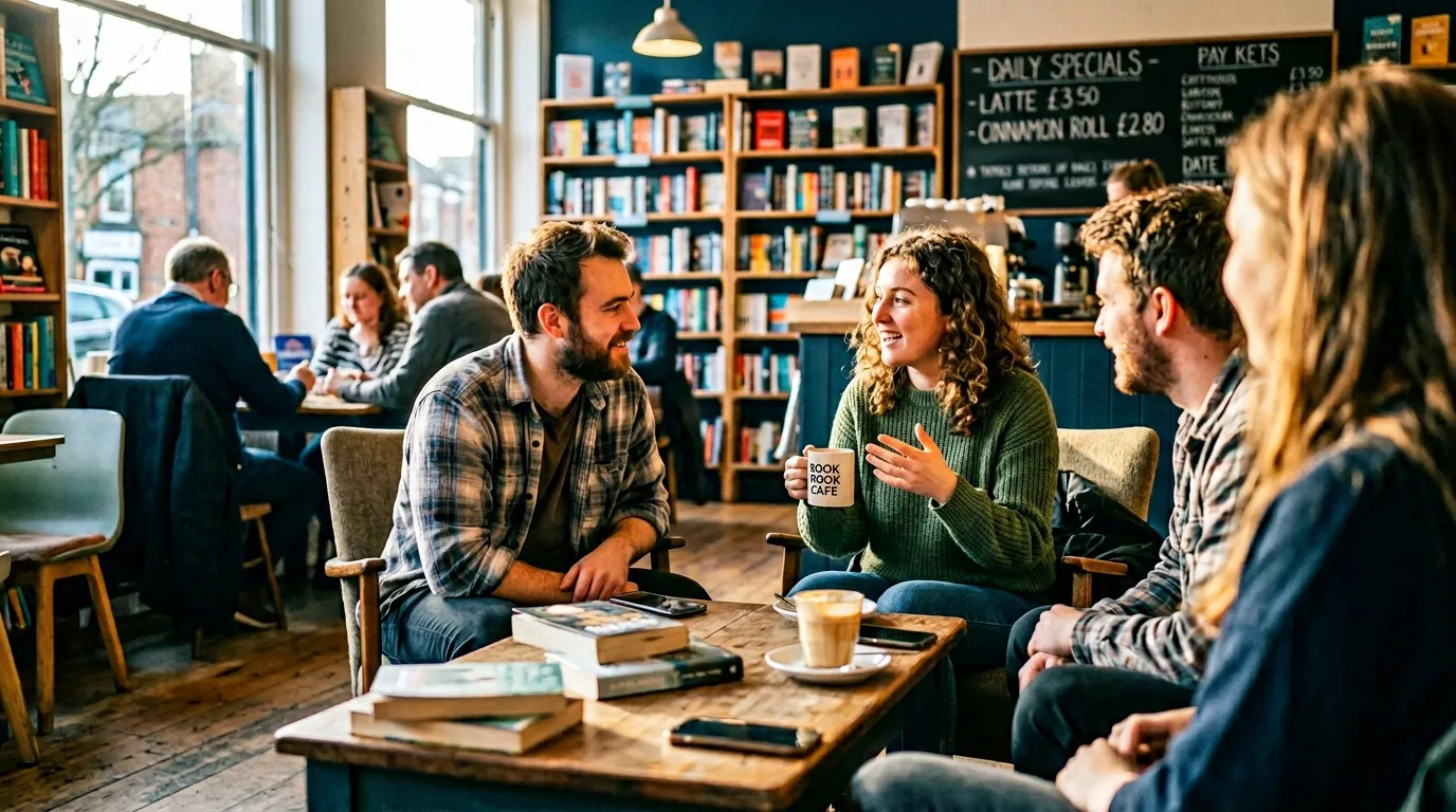Groupe de personnes discutant dans un café-librairie cozy avec des étagères de livres