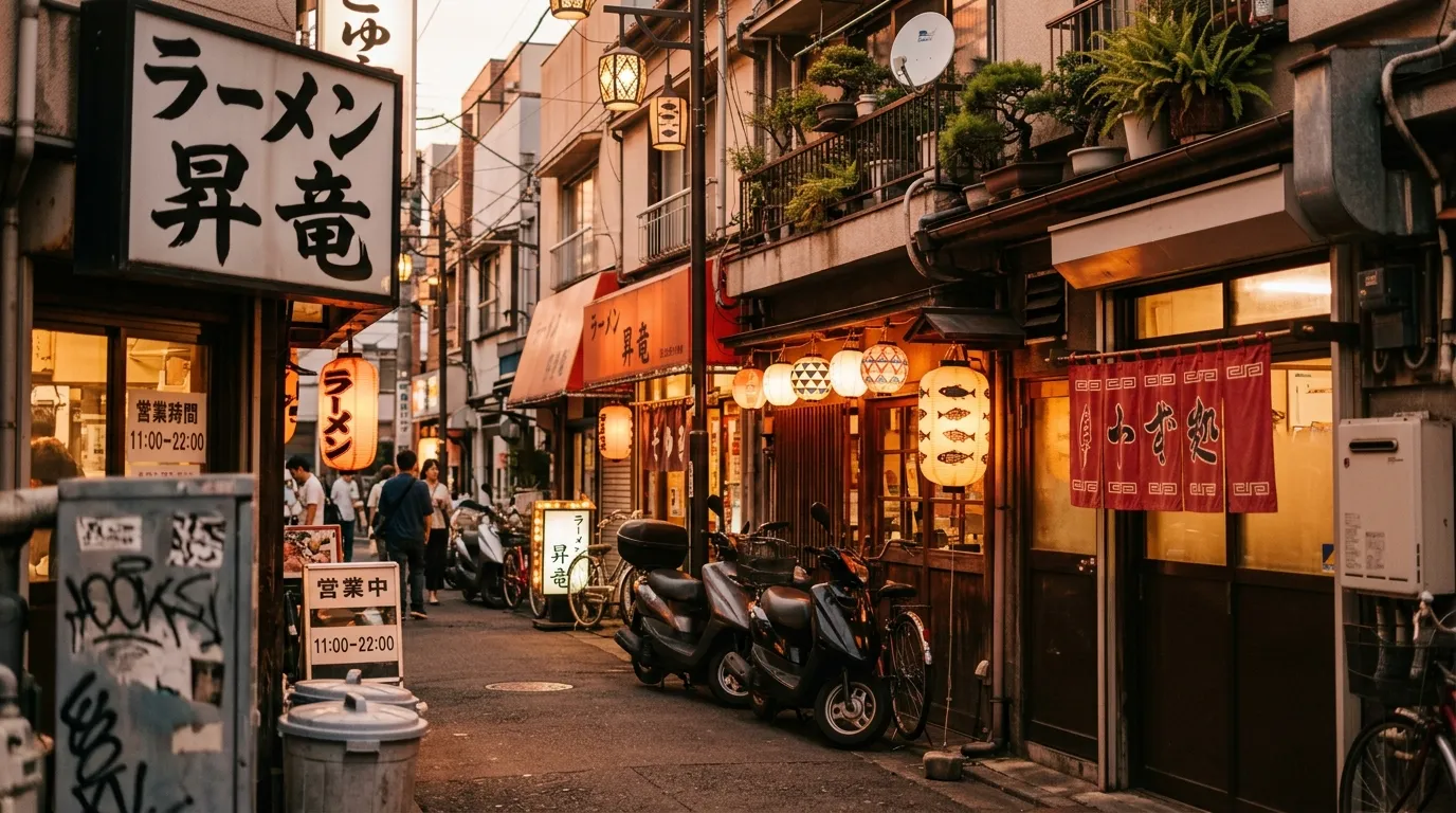 Petite ruelle japonaise avec restaurants de ramen traditionnels illuminés.