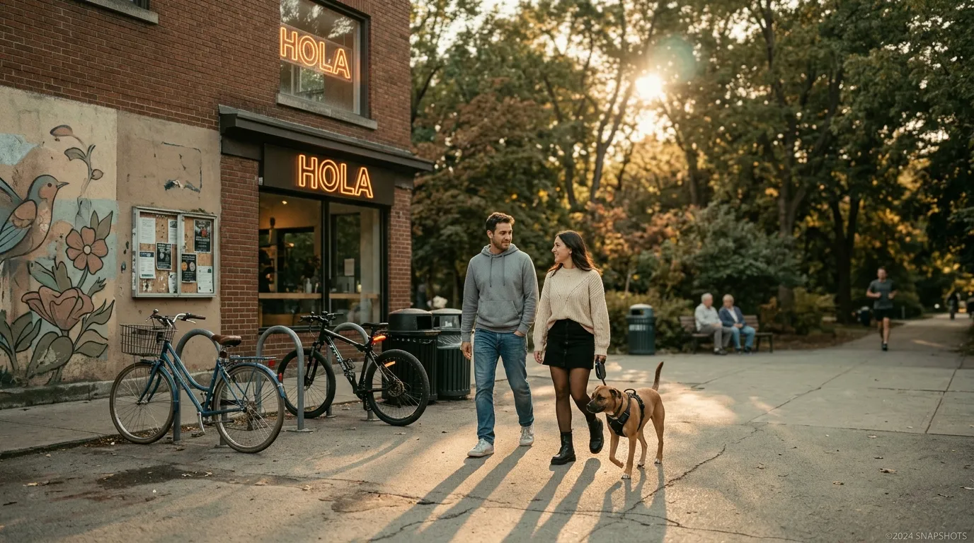 Couple promenant un chien devant restaurant HOLA au coucher soleil