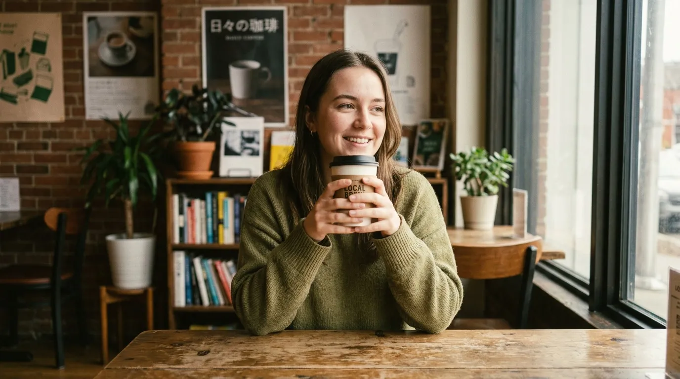 Jeune femme souriante tenant un café dans un café cosy