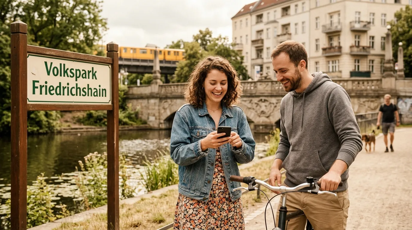 Couple à vélo consulte téléphone au parc urbain