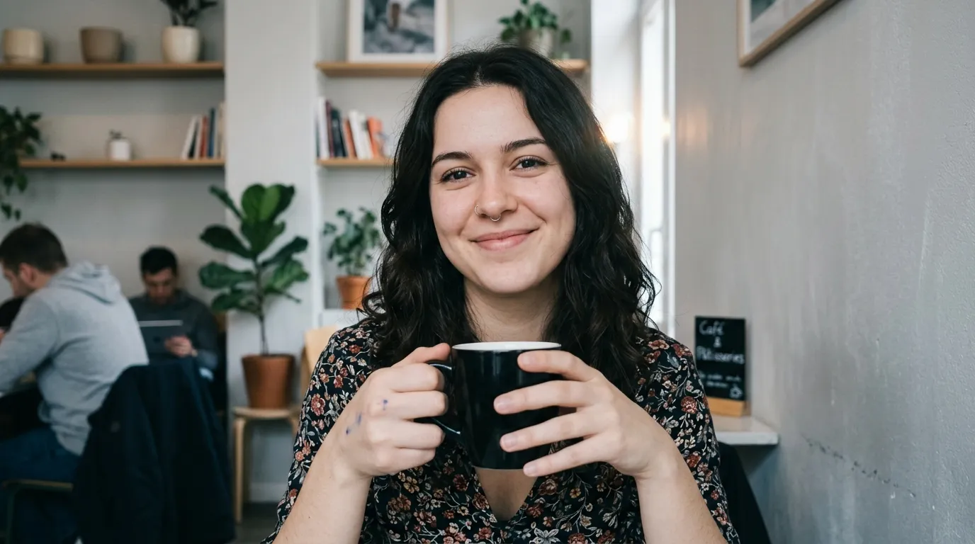 Femme tenant une tasse noire dans un café moderne