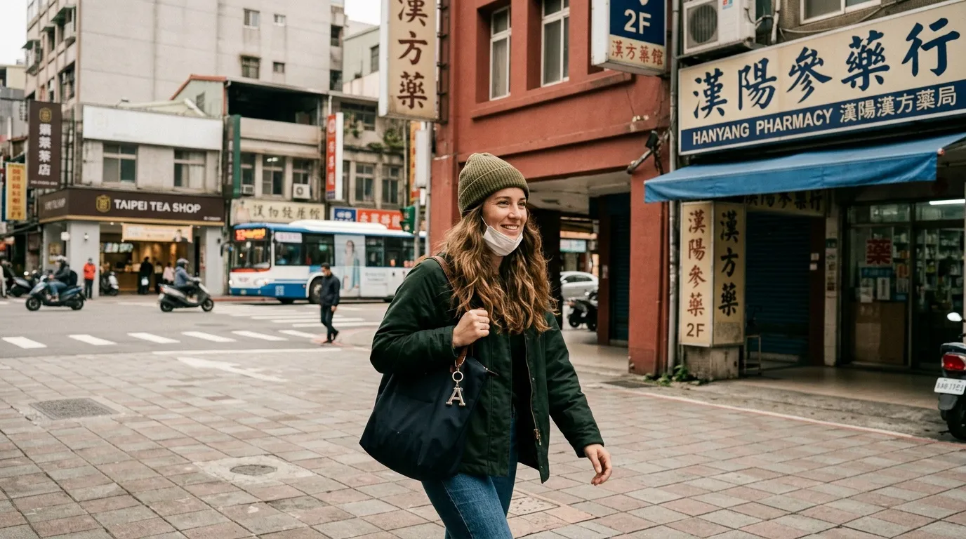 Femme souriante dans une rue animée de Taipei avec enseignes chinoises