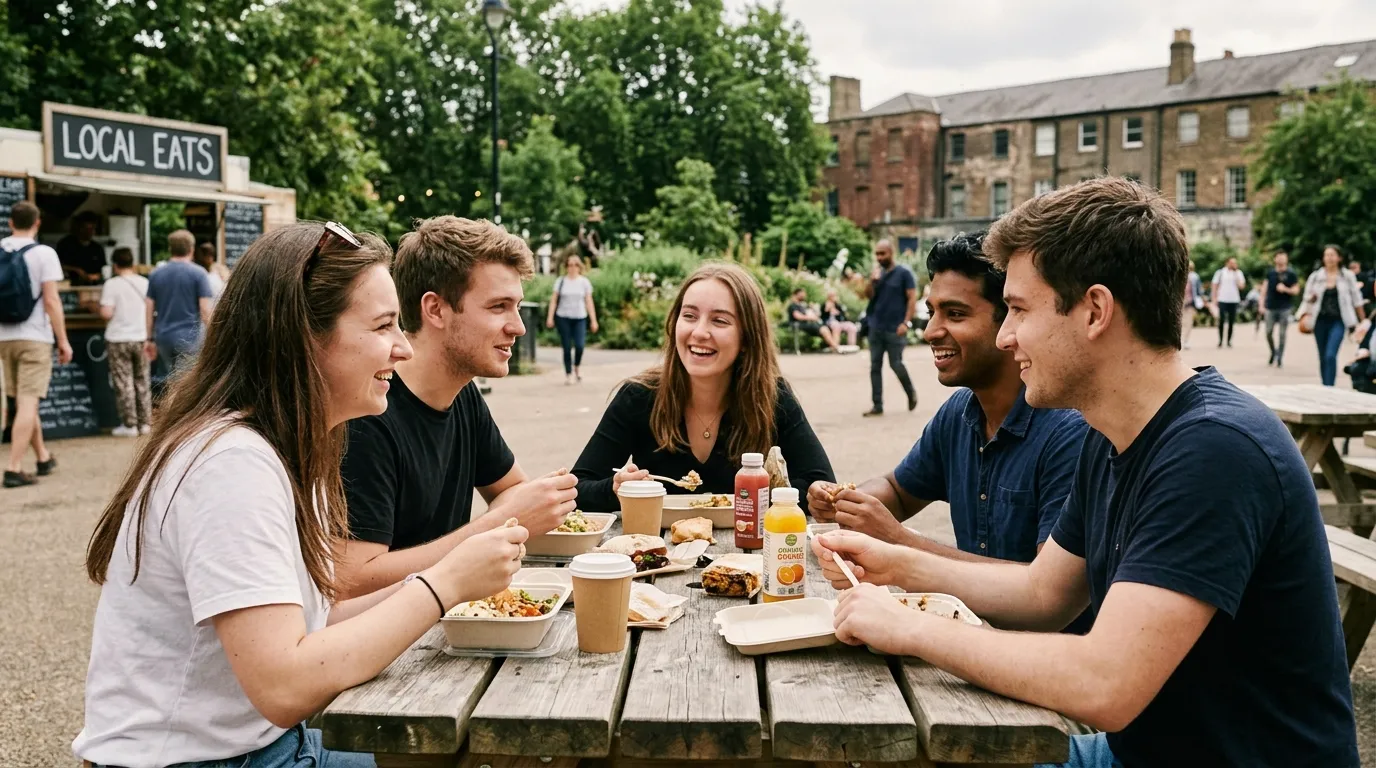Cinq jeunes gens partagent un repas à une table de pique-nique en plein air