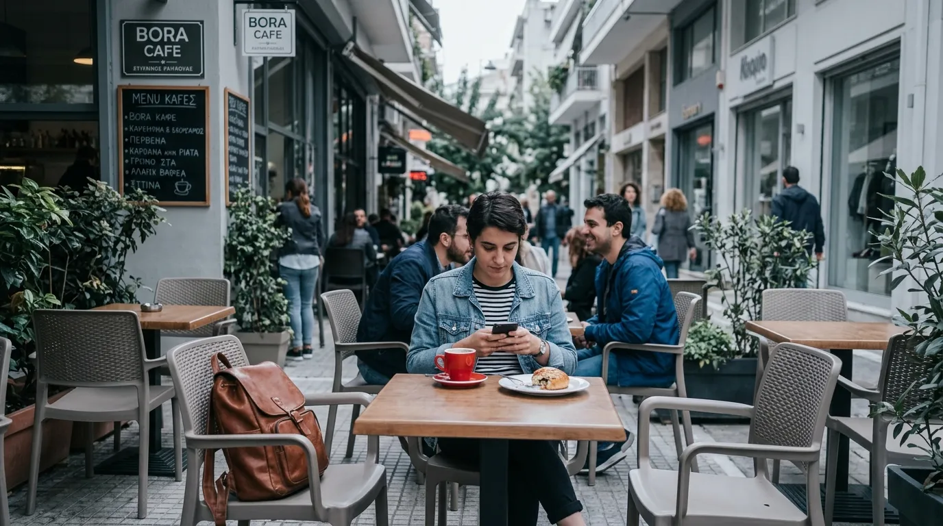 Femme seule au café consulte son téléphone, rue animée