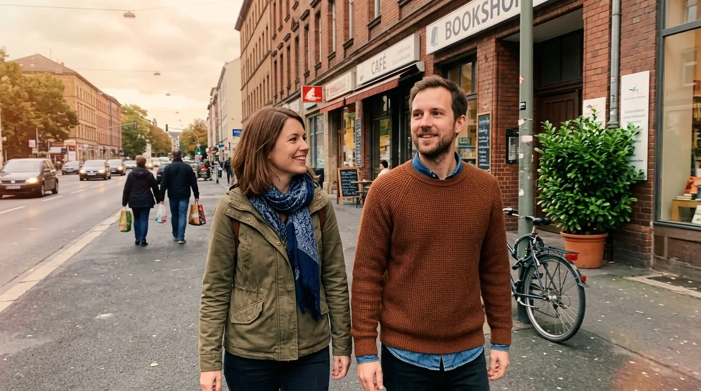 Deux personnes marchent souriantes dans une rue commerçante de ville.