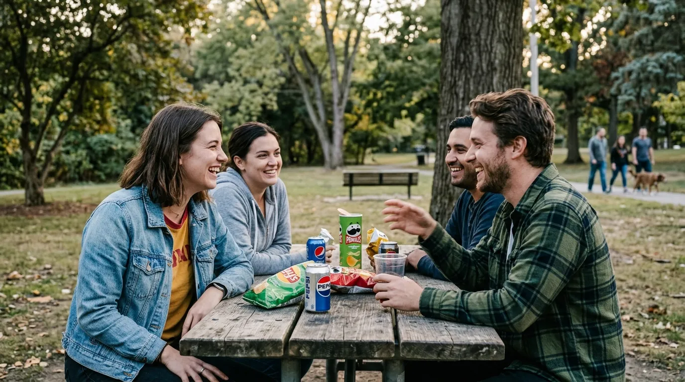 Quatre jeunes adultes rient autour d'une table de pique-nique