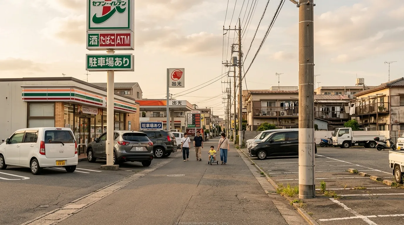 Rue tranquille au Japon avec Seven-Eleven et commerces locaux