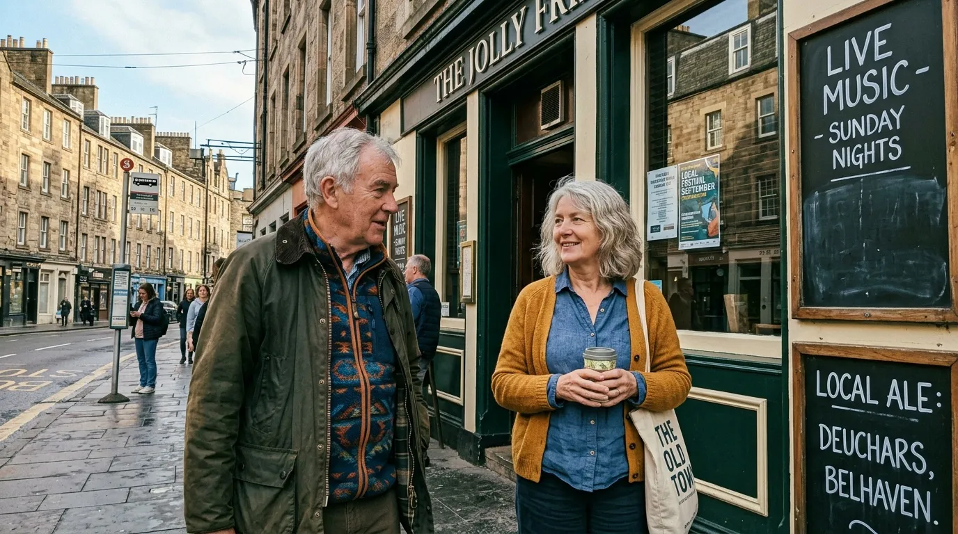Couple âgé discutant devant The Jolly Fryer, pub traditionnel écossais.