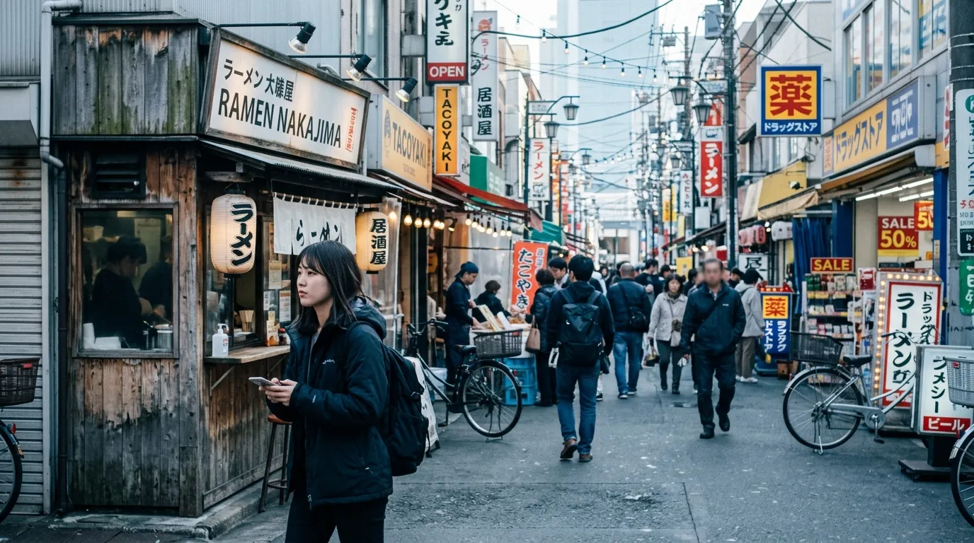 Rue japonaise avec commerces, vélos et passants