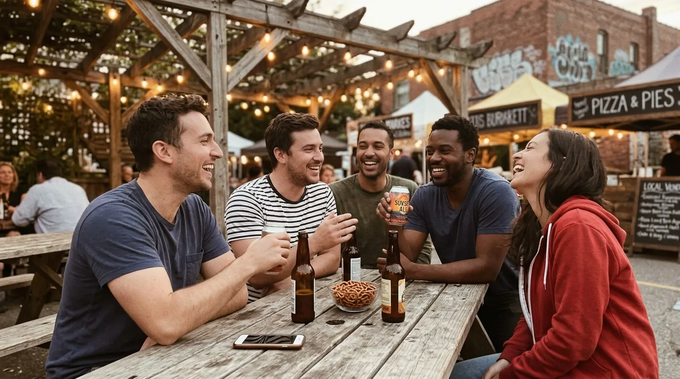 Groupe de cinq amis souriant autour d'une table avec des bières