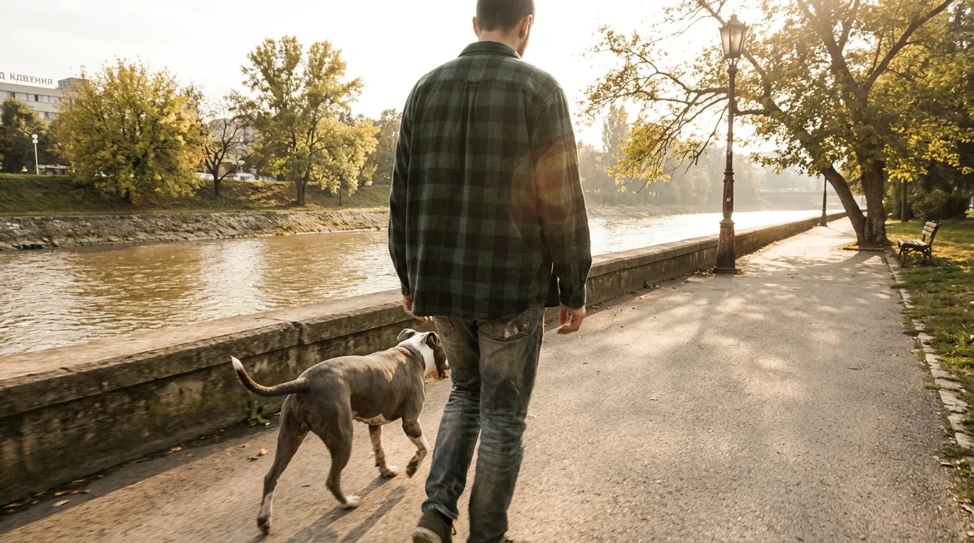 Homme promenant son chien le long d'une rivière en automne