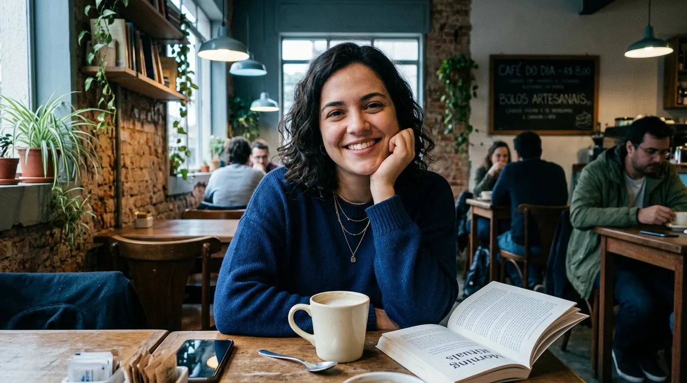 Jeune femme souriante avec un livre et un café dans un café