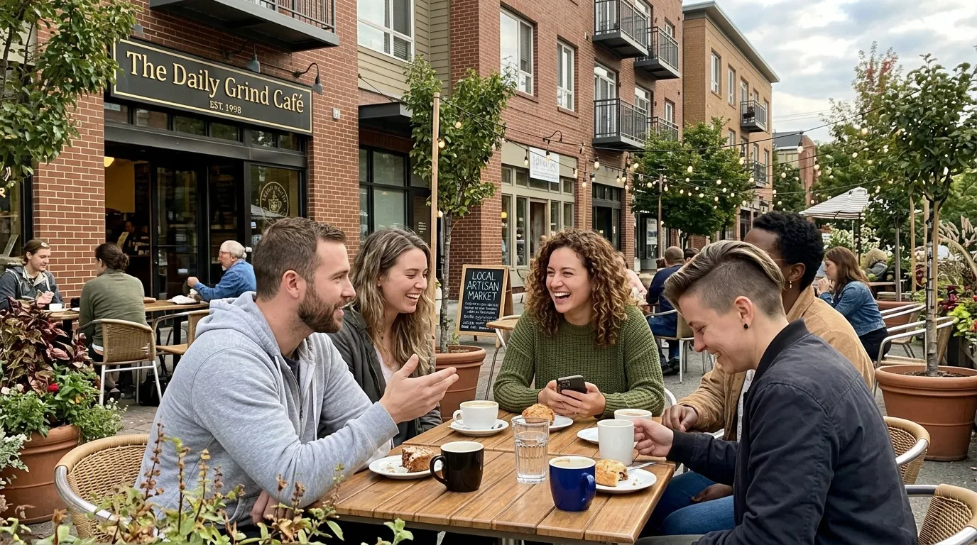 Groupe d'amis riant à une table de café en terrasse