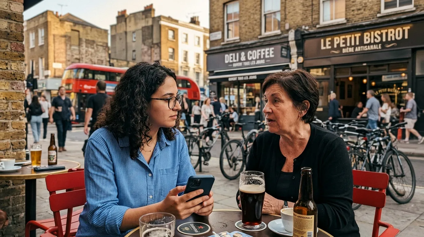 Deux femmes discutent autour de verres de bière en terrasse urbaine