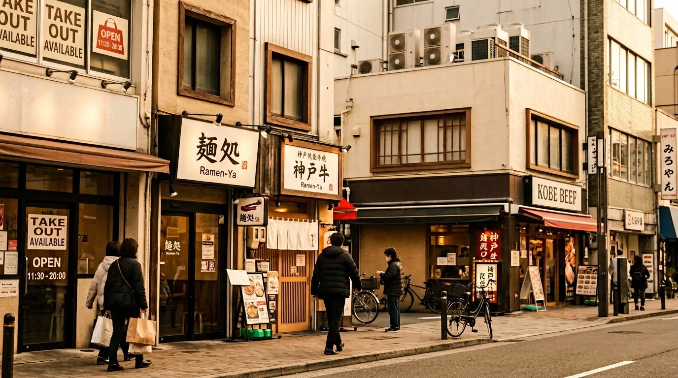 Rue japonaise avec restaurants et commerces traditionnels, piétons et vélos