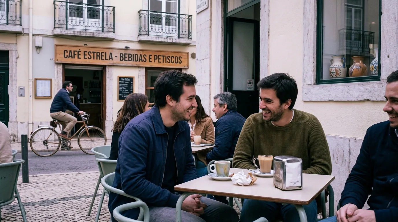 Hommes souriants prenant un café en terrasse devant un café portugais
