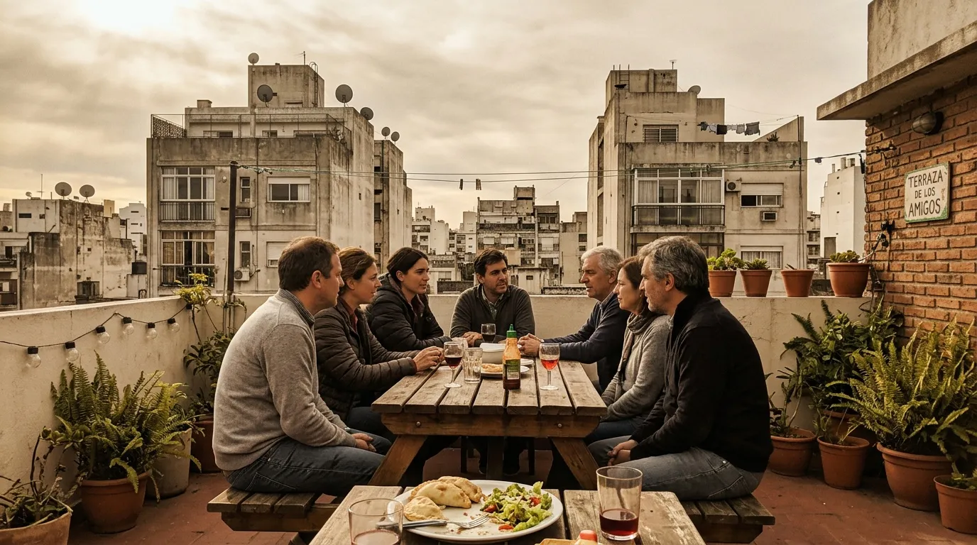 Groupe de sept personnes autour d'une table sur une terrasse de Buenos Aires