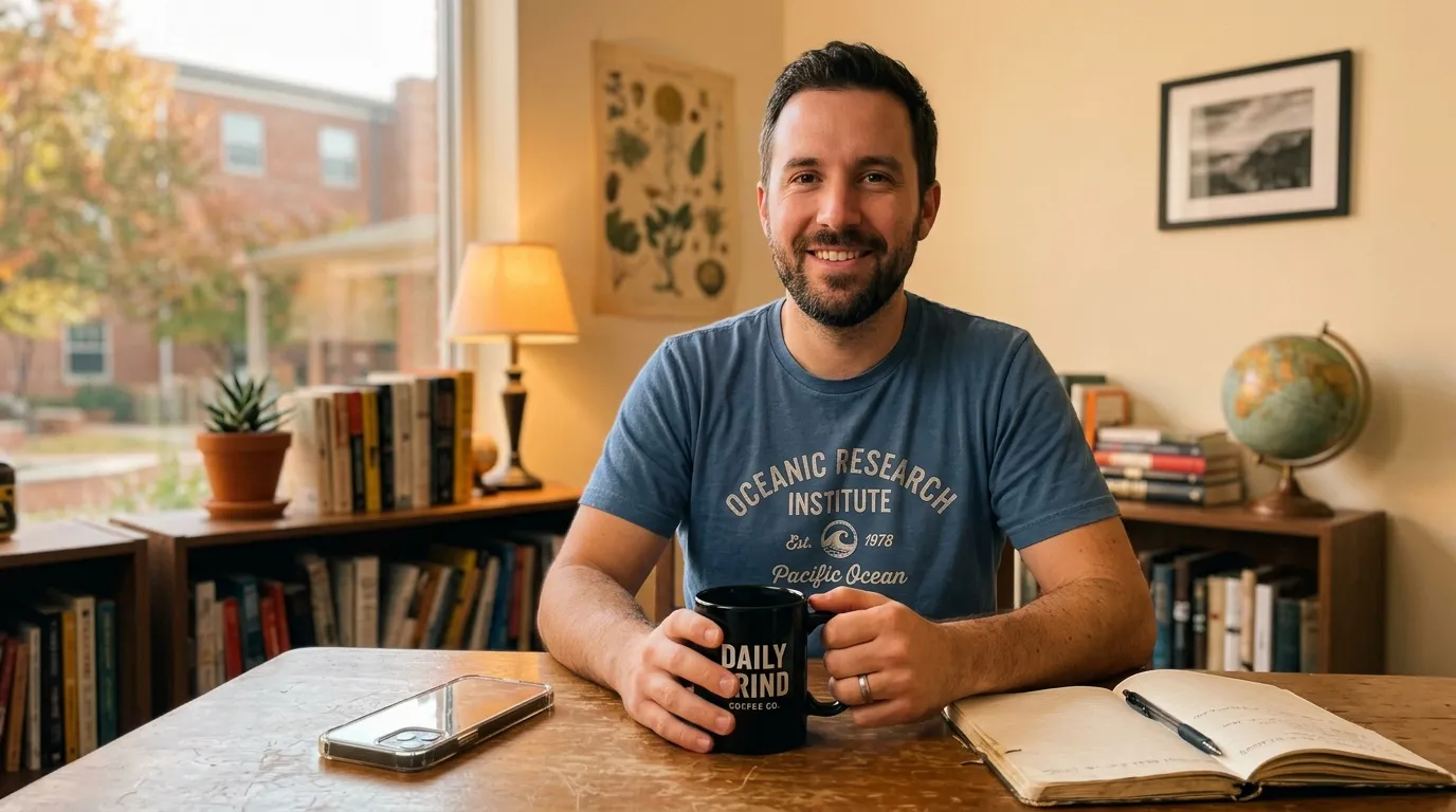 Homme avec café à son bureau devant des livres