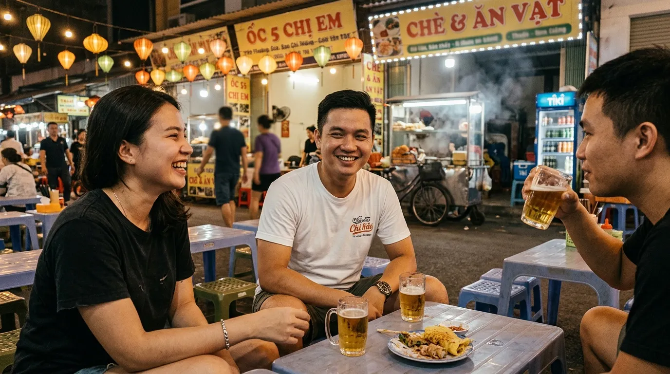 Trois amis rient ensemble à un marché de rue vietnamien