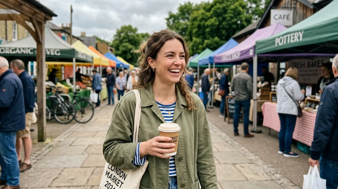 Femme souriante au marché avec café et sac