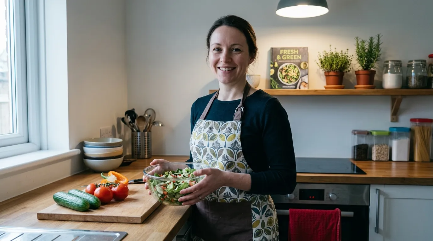 Femme souriante tenant une salade dans sa cuisine moderne