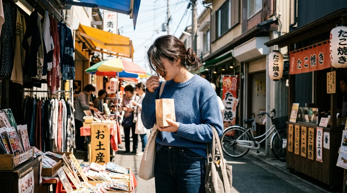 Femme achète street food dans marché japonais traditionnel
