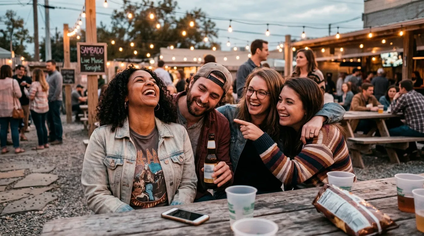 Groupe d'amis riant à une table extérieure festive