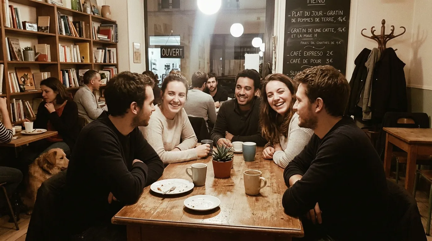 Groupe de jeunes amis riant autour d'une table de café