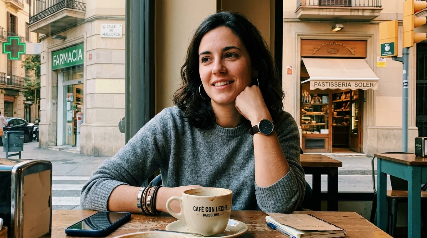 Femme souriante prenant un café en terrasse à Barcelone
